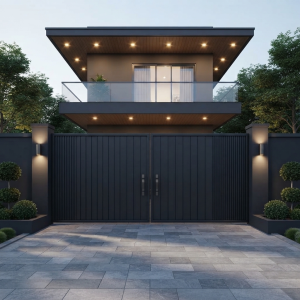 Ultra-Modern Matte Charcoal Black Vertical Slat Double Swing Main Gate