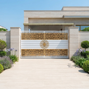 Luxury Light Grey & Gold Ornate Double Swing Main Gate with Floral Filigree & Greek Key Borders