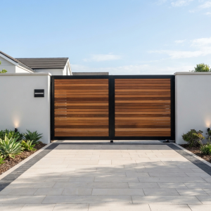 Modern Wood-Tone & Black Metal Double Swing Main Gate with Horizontal Slats