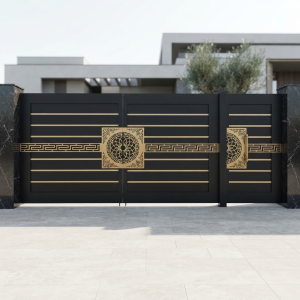Luxury Black & Gold Geometric Double Swing Main Gate with Matching Pedestrian Gate