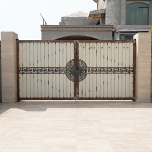 Classic Cream & Bronze Greek Key Double Swing Main Gate with Central Medallion