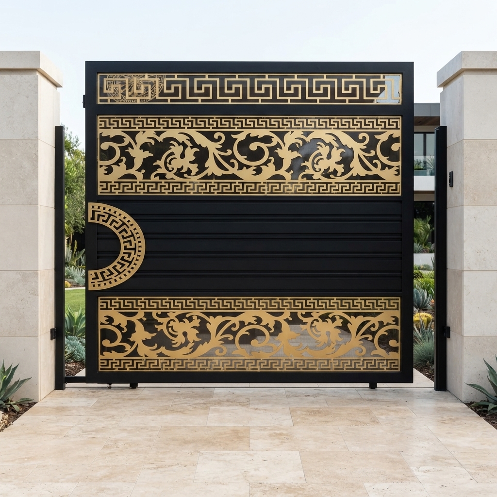 Luxury Black & Gold Single Sliding Main Gate with Floral Scrollwork & Greek Key Borders